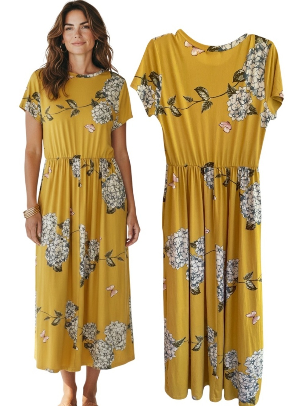Reborn J Mustard Yellow Floral Butterfly Maxi Dress Pockets Boho Size S Small